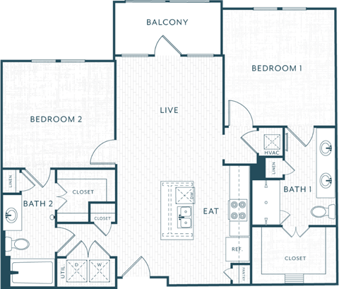 Floor plan for 2 beds, 2 baths, 1073 sqft